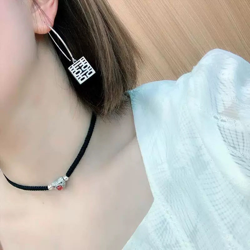 中国风复古做旧喜字耳环女立体镂空耳坠新中式民族风气质耳饰品