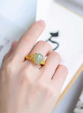 正宗和田青玉戒指女925银镀金镶碧玉镂空蝴蝶指环名族风简约精致