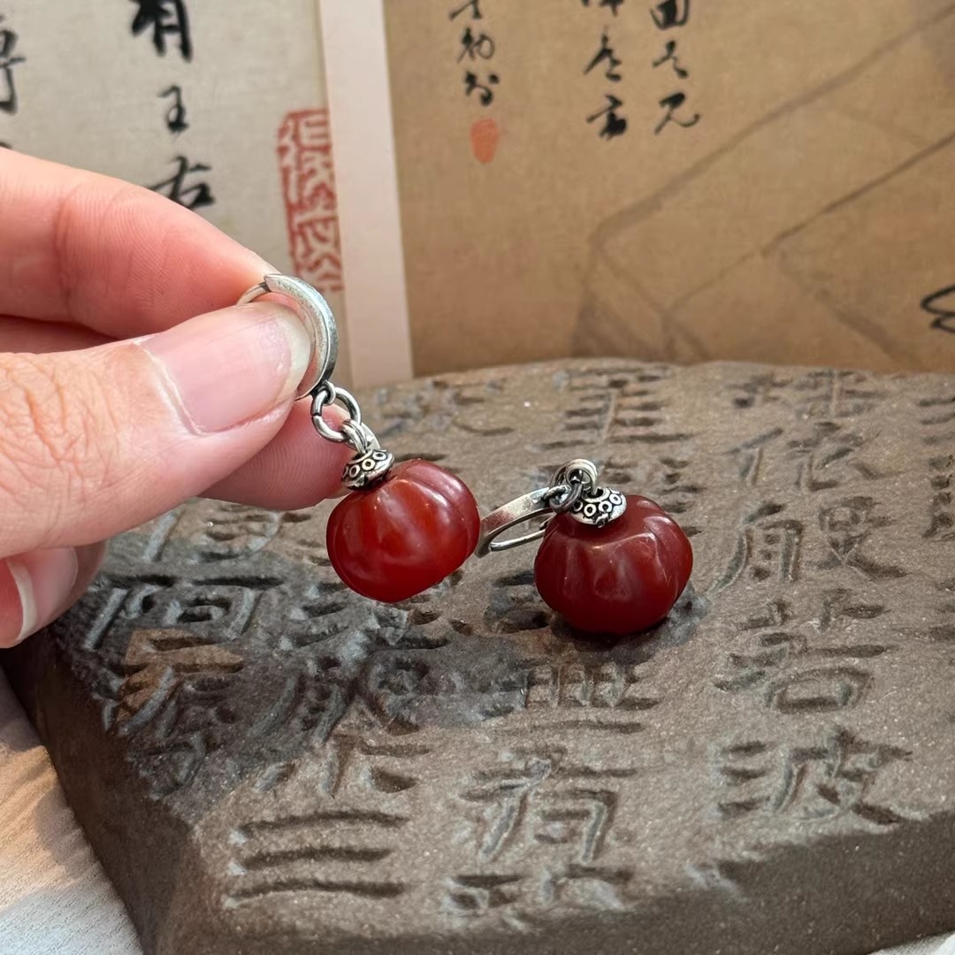 S925银红玛瑙瓜珠耳环新中式简约小众设计感复古日常