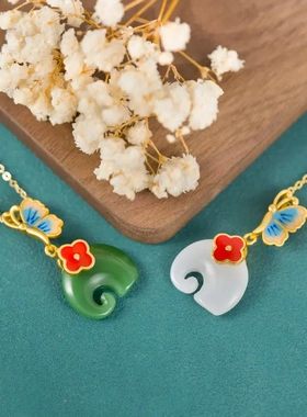 原创福禄小象新中式和田玉碧玉吊坠国风蝴蝶锁骨链气质时尚饰品