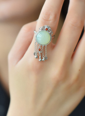 复古民族风大蛋面流苏和田玉戒指女做旧开口指环中式古典饰品