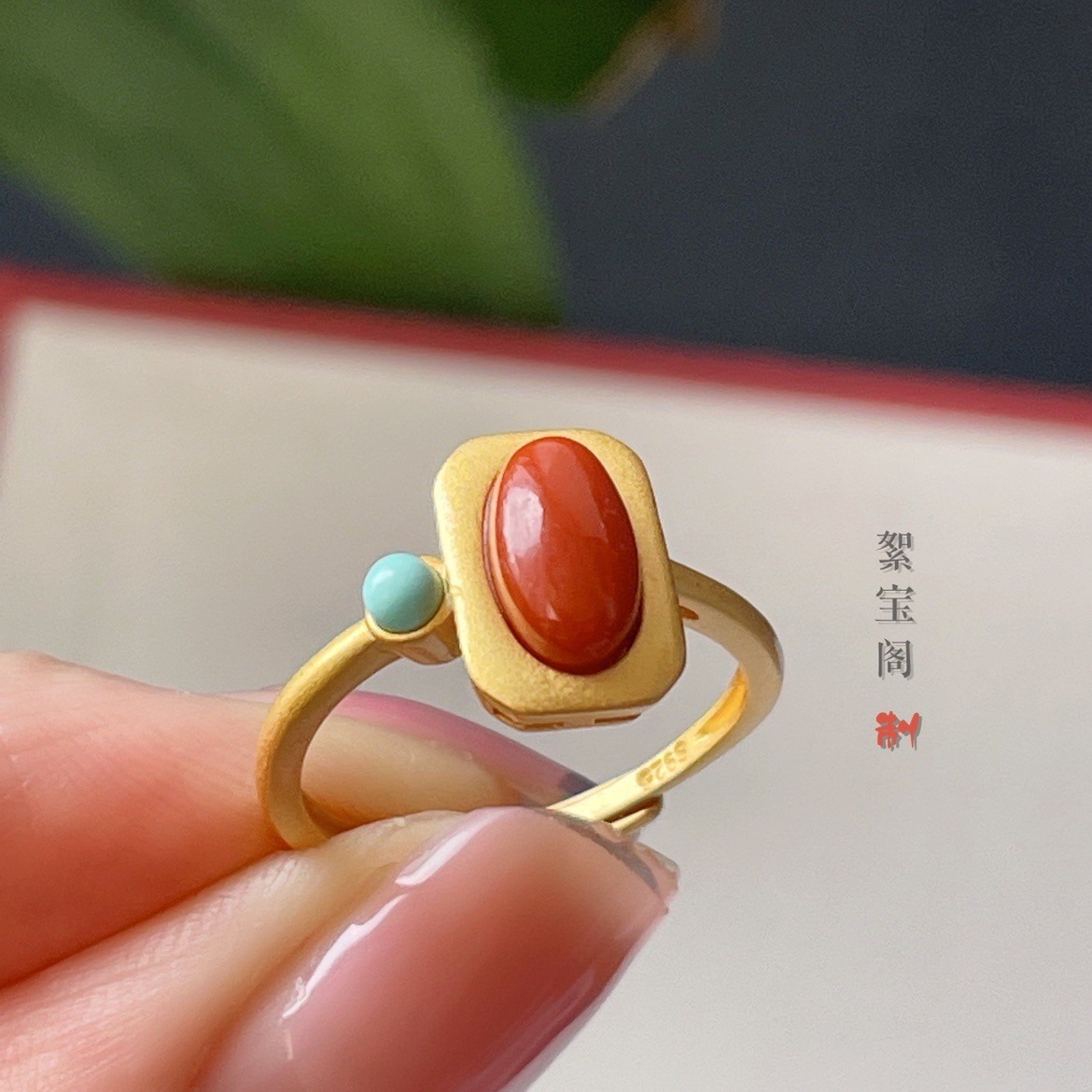 优雅南红蛋面复古蛋面指环复古开口戒指925银指环镶嵌女款旗袍饰