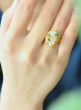 鱼戏莲开口戒指女中国风和田白玉复古宫廷风汉服配饰戒圈指环