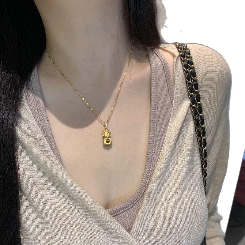 金色点钻虎眼石如意宝宝佛项链女新中式复古百搭高级感锁骨毛衣链