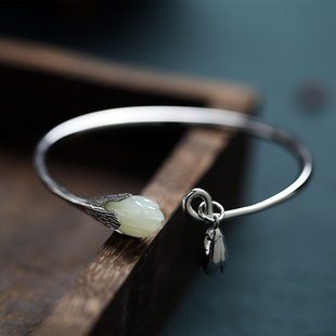 925银镶天然和田玉铃兰花开口两世欢手镯复古风古典气质潮女手环