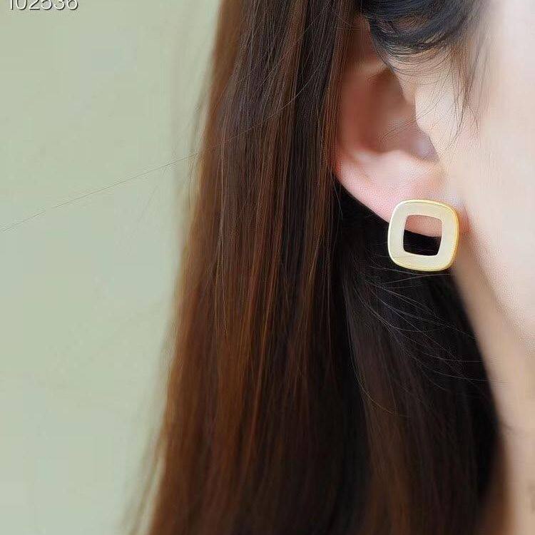S925纯银针白玉耳钉简约高级感方形方框女潮流时尚耳环甜美优雅