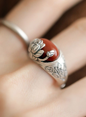 新款中式复古做旧莲花戒指女小众设计中国民族风食指开口指环首饰