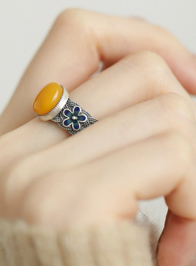 复古国风戒指女蜜蜡蛋面烧蓝做旧编织花朵开口指环古风国潮饰品