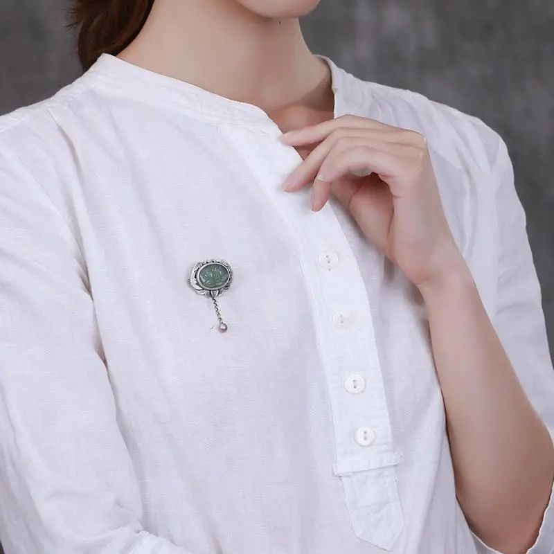 西番莲碧玉莲花胸针复古做旧925银吊坠女流苏配饰民族古风别针