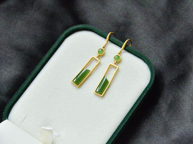 悦庭丨天然和田玉碧玉石中式耳环925银耳坠古典宫廷风旗袍耳饰