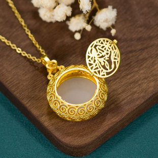 可打开吊坠香囊护符盒925银镂空和田玉复古中国风圆牌古法金项链
