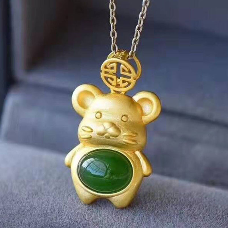 生肖鼠吊坠项链天然玉髓胖胖鼠项链黄金色可爱送女友礼物