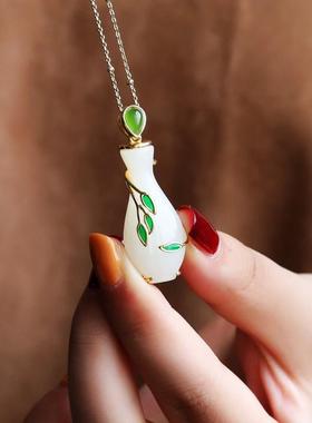 观音玉瓶925银天然和田玉柳枝吊坠中国风大气女款平安项链坠子