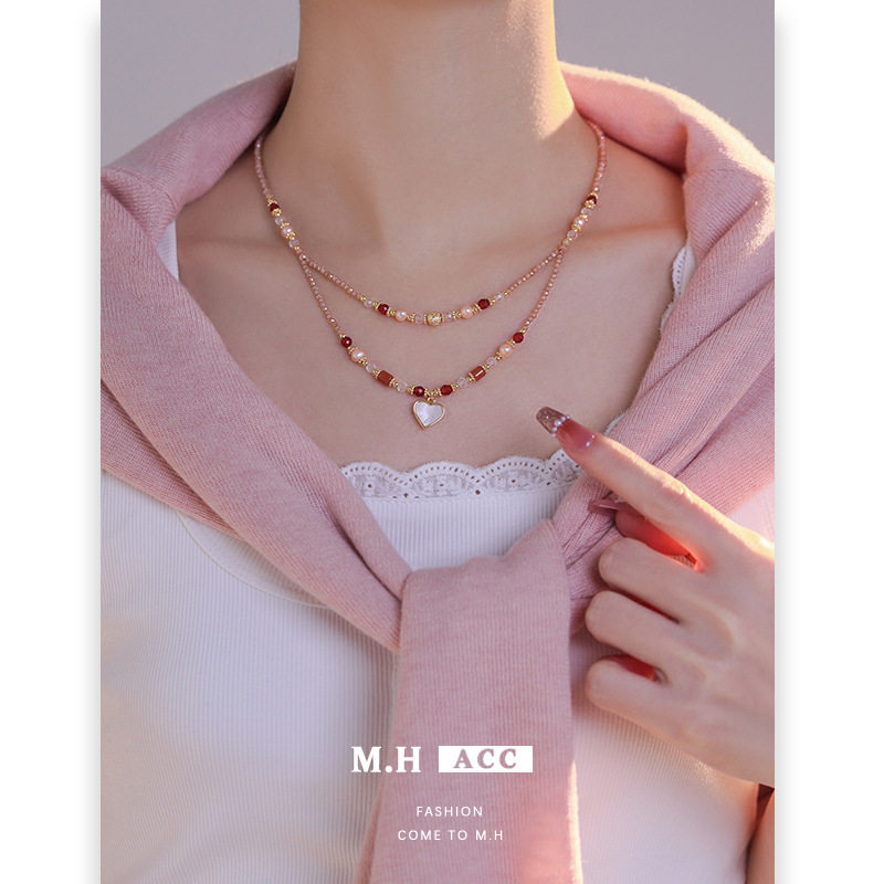 爱心母贝天然石双层串珠项链女2026新款夏季轻奢高级感配饰锁骨链