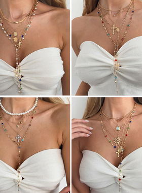 欧美精品饰品个性彩色镶钻十字架吊坠项链 气质ins合金多层锁骨链