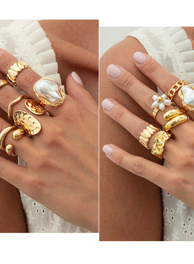 欧美精品巴洛克不规则波浪金属戒指套装 镂空褶皱珍珠花朵rings女