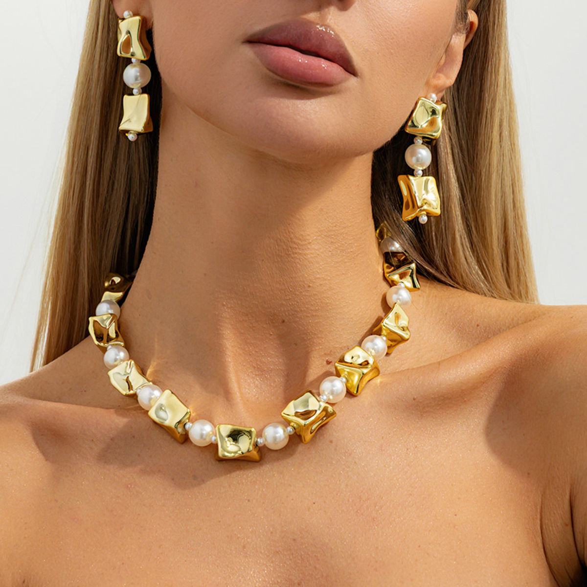 欧美精品饰品 个性几何异形珍珠串珠项链 ins不规则CCB拼接锁骨链