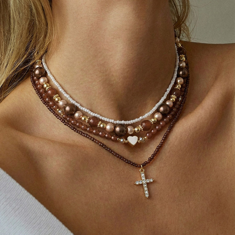 精品欧美时尚CCB爱心颈链手工珍珠多层叠戴四件套女饰品热卖