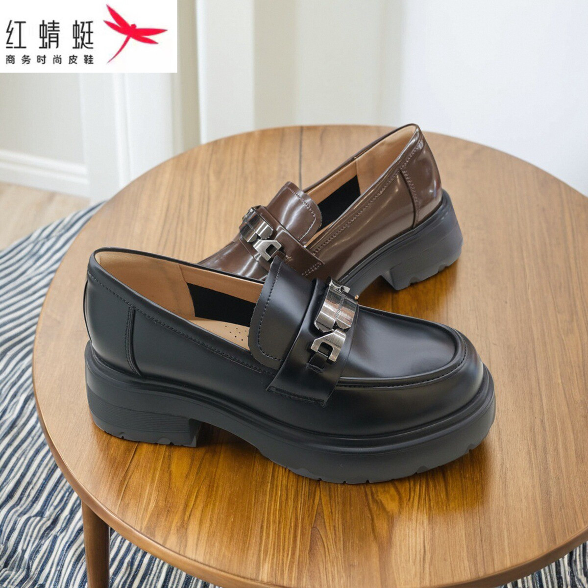 红蜻蜓乐福鞋女时尚新款bq57008011职业百搭厚底一脚蹬真皮女单鞋