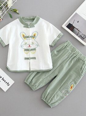 儿童夏装中国风棉麻汉服两件套