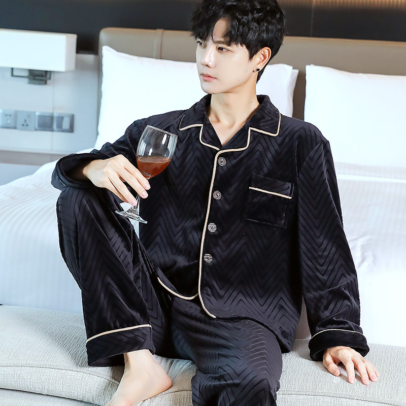 男款秋冬季长袖保暖薄款珊瑚绒睡衣春秋天海岛绒男士可外穿家居服