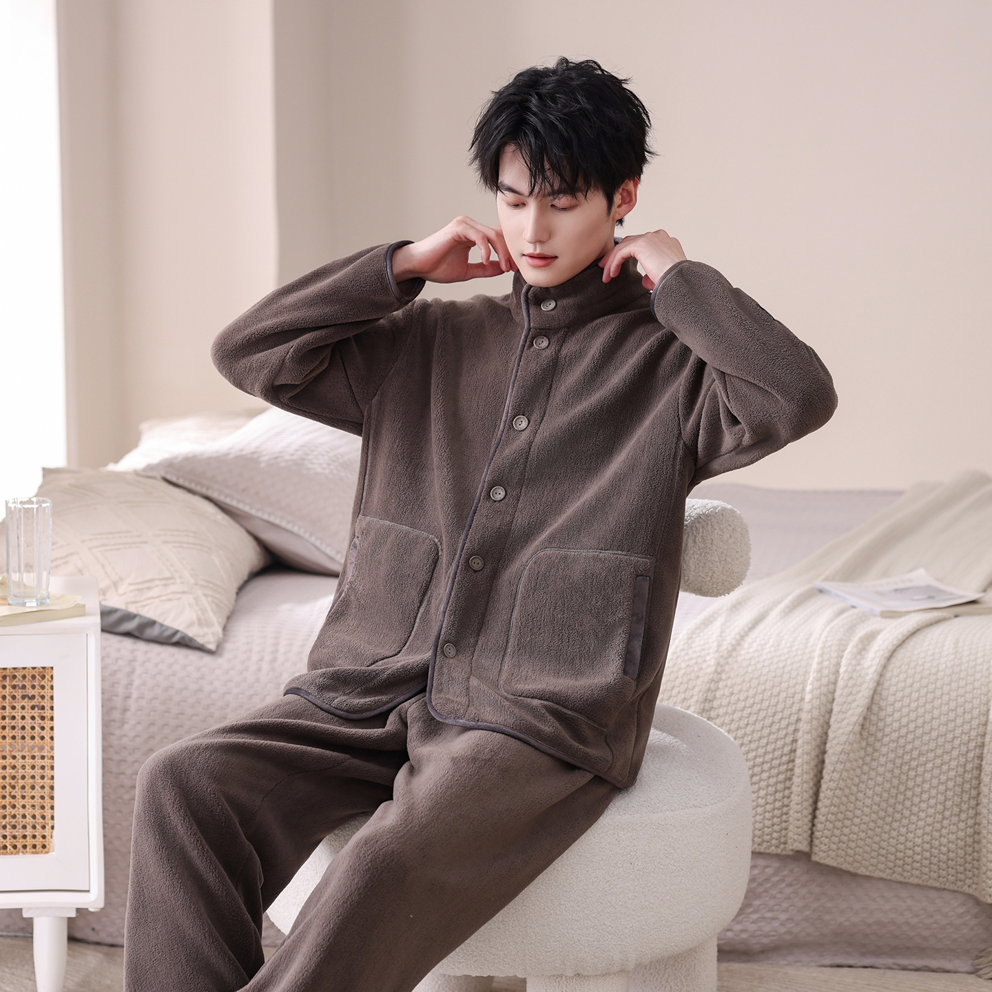 睡衣男冬季珊瑚绒加厚开衫男士秋冬法兰绒男款大码休闲宽松家居服