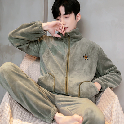 秋冬季加厚珊瑚绒睡衣男款套装