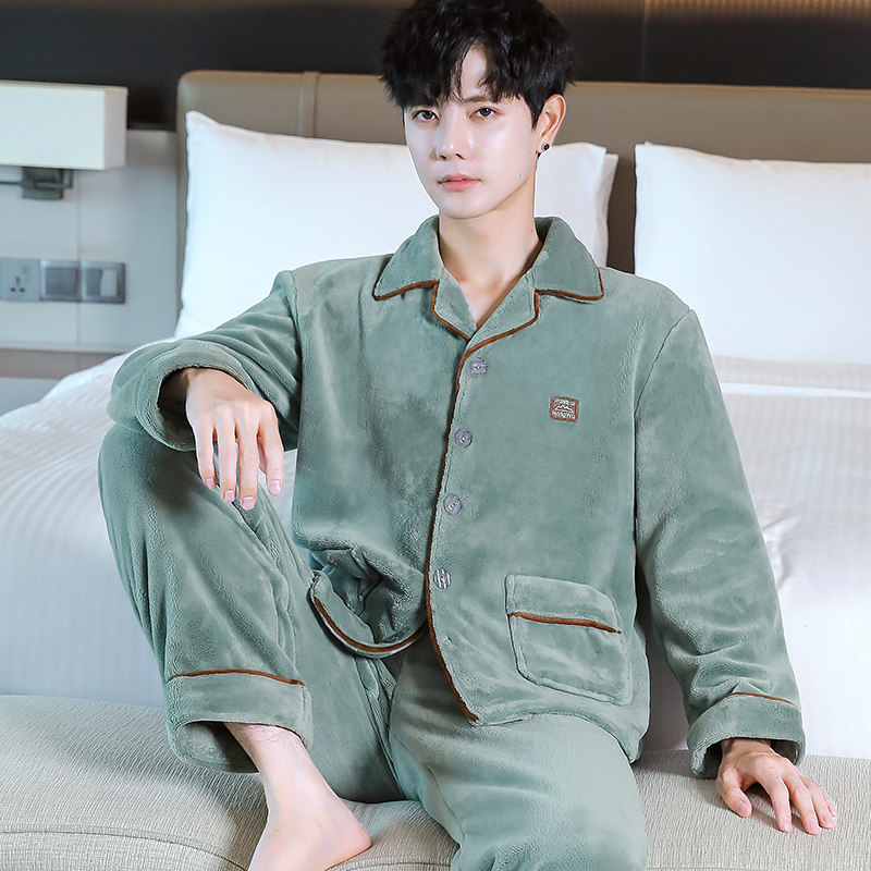 2025冬季新款加厚可外穿宽松男士睡衣长袖保暖珊瑚绒法兰绒家居服