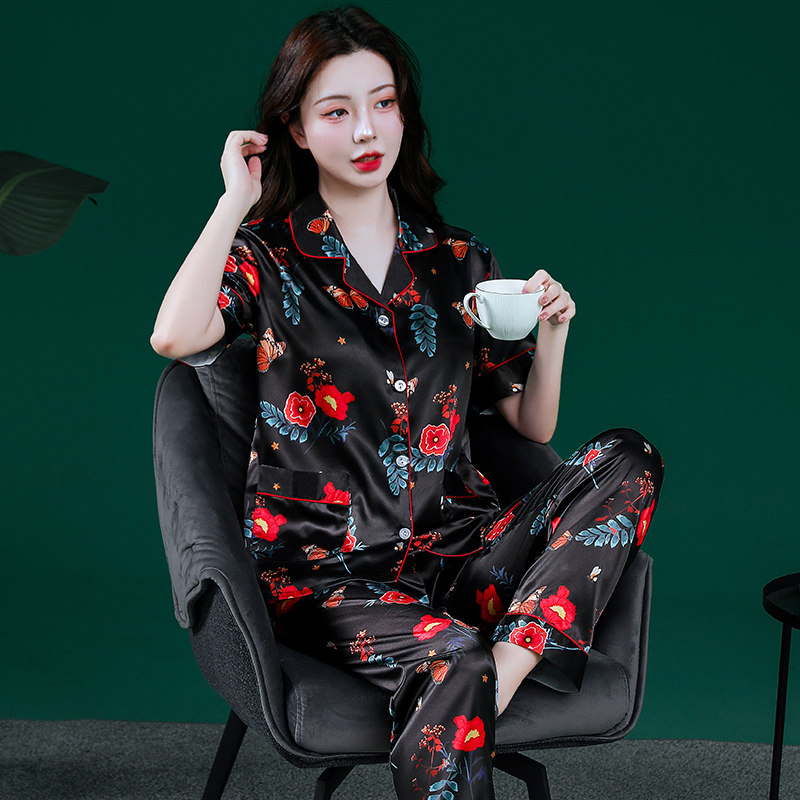 2025春夏新款女士睡衣短袖长裤薄款冰丝丝绸简约风宽松家居服套装
