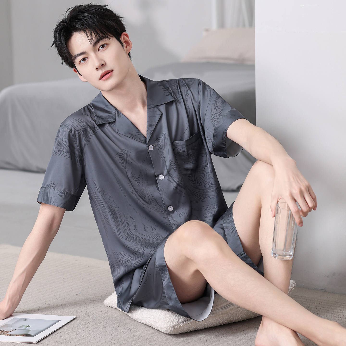 睡衣丝绸套装男士大码提花两件套开衫短袖短裤夏季可外穿简约宽松