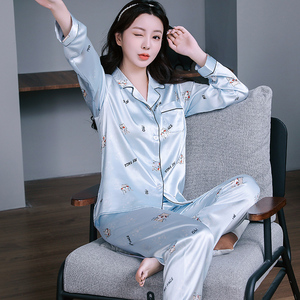 印花新款冰丝睡衣套装女士丝绸宽松薄款甜美舒适长袖长裤家居服夏