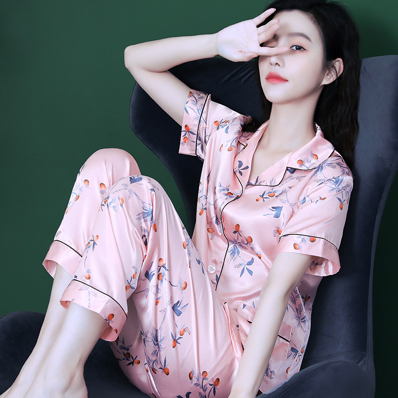 短袖薄款女士睡衣套装甜美性感冰丝丝绸2026年夏新款可外穿家居服