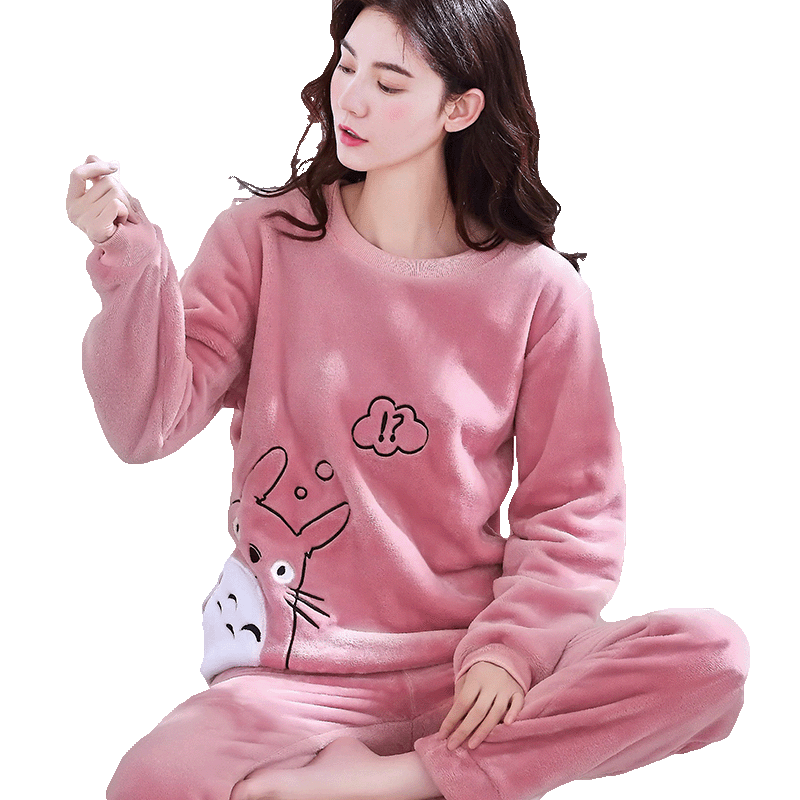 珊瑚绒睡衣女冬套装加绒毛绒套头