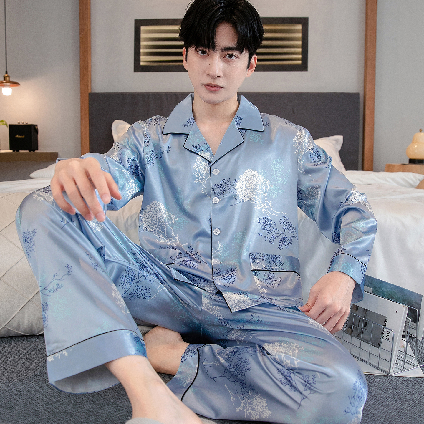 2025新款冰丝男士睡衣夏季长袖薄款大码宽松丝绸可外穿家居服套装