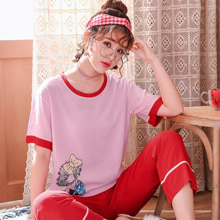 韩版女生睡衣夏棉绸薄款可爱卡通图案家居服套装绵绸女士大码睡衣