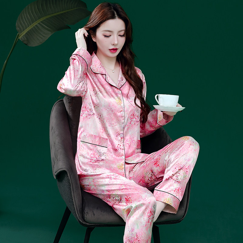 春秋季长袖长裤薄款冰丝睡衣女