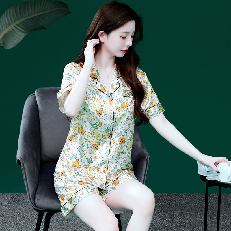 夏季女款睡衣套装短袖短裤薄款冰丝丝绸可外穿夏天女士可爱居家服