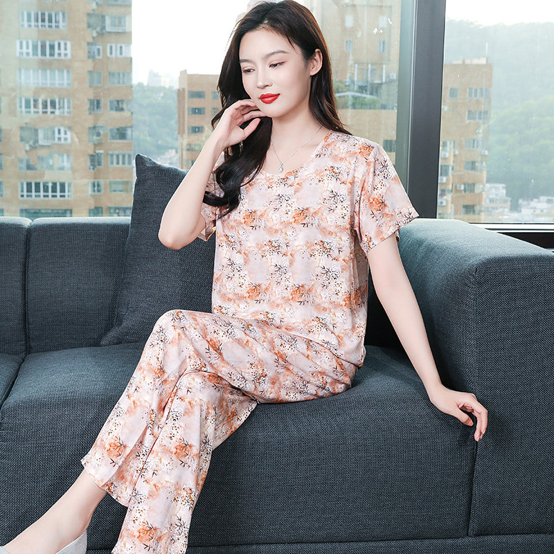 妈妈棉绸女士睡衣夏季短袖薄款大码宽松可外穿女款绵绸家居服套装