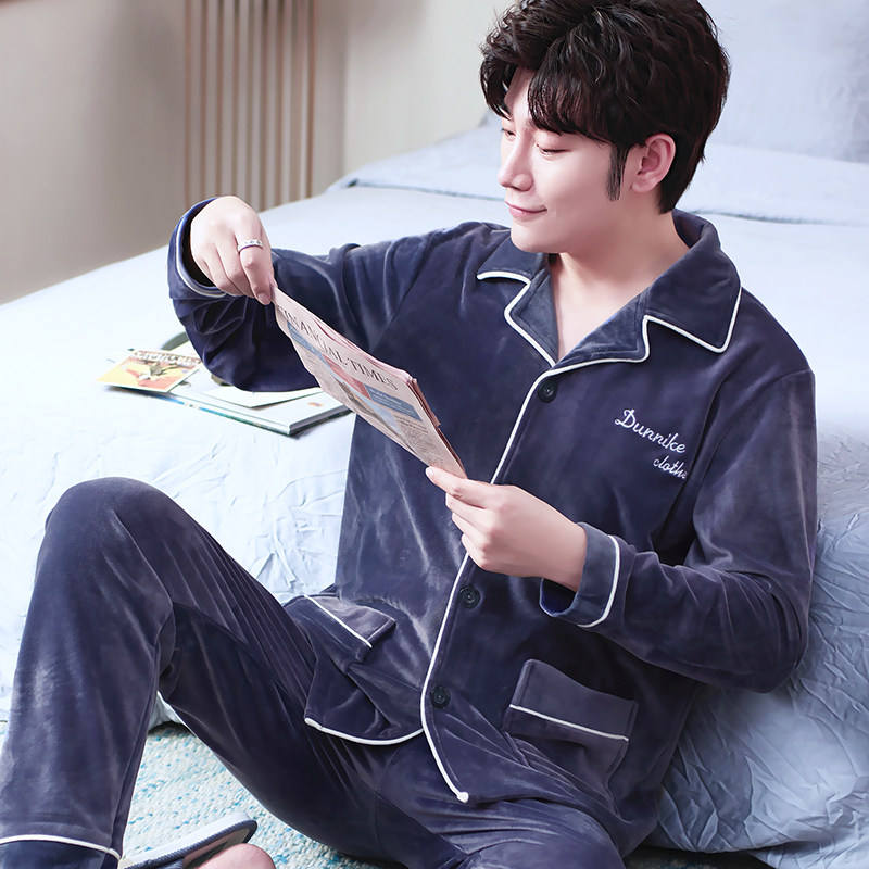 睡衣男春秋海岛绒大码长袖家居服男士中年珊瑚绒秋冬季保暖家居服