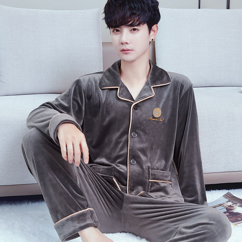 褐瞳睡衣男秋冬款海岛绒加绒薄款宽松珊瑚绒春秋季大码家居服套装