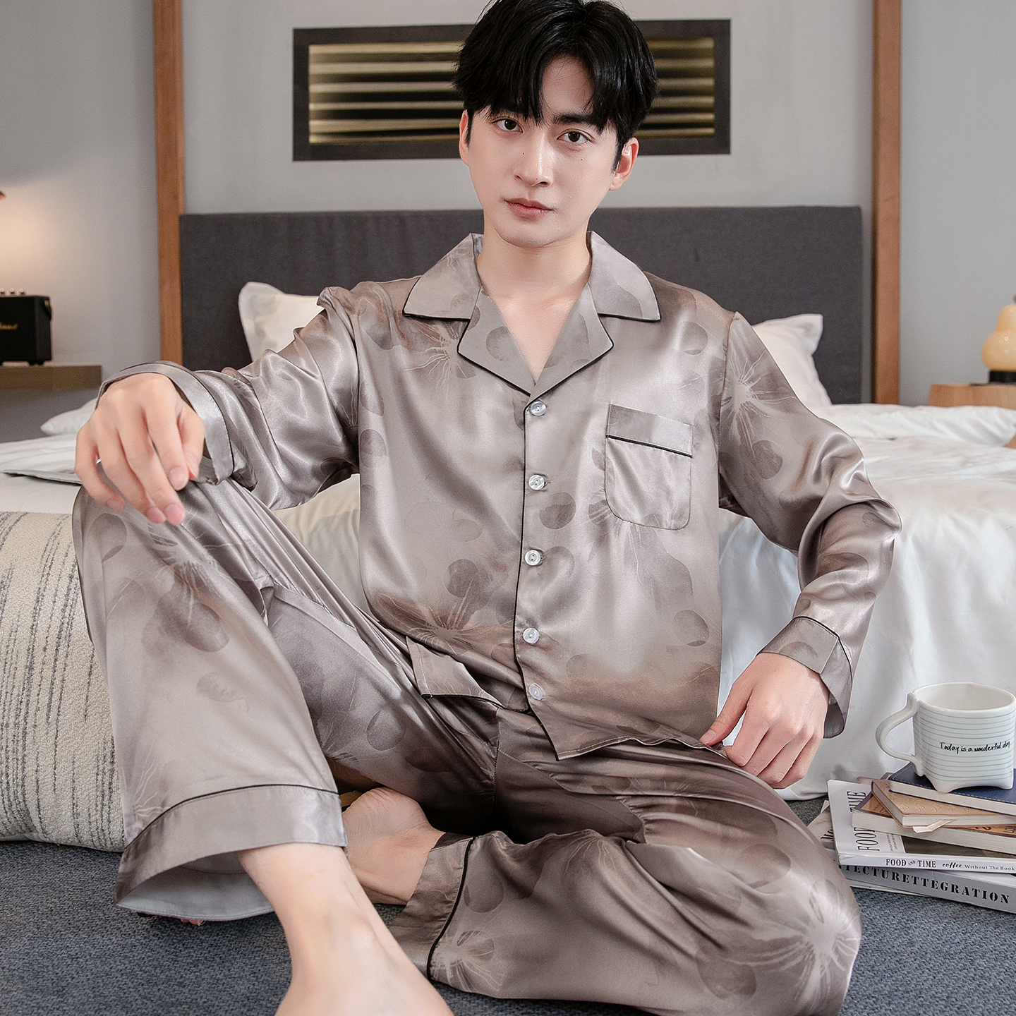 中年男士睡衣春夏季长袖薄款冰丝套装大码宽松休闲男款丝绸家居服