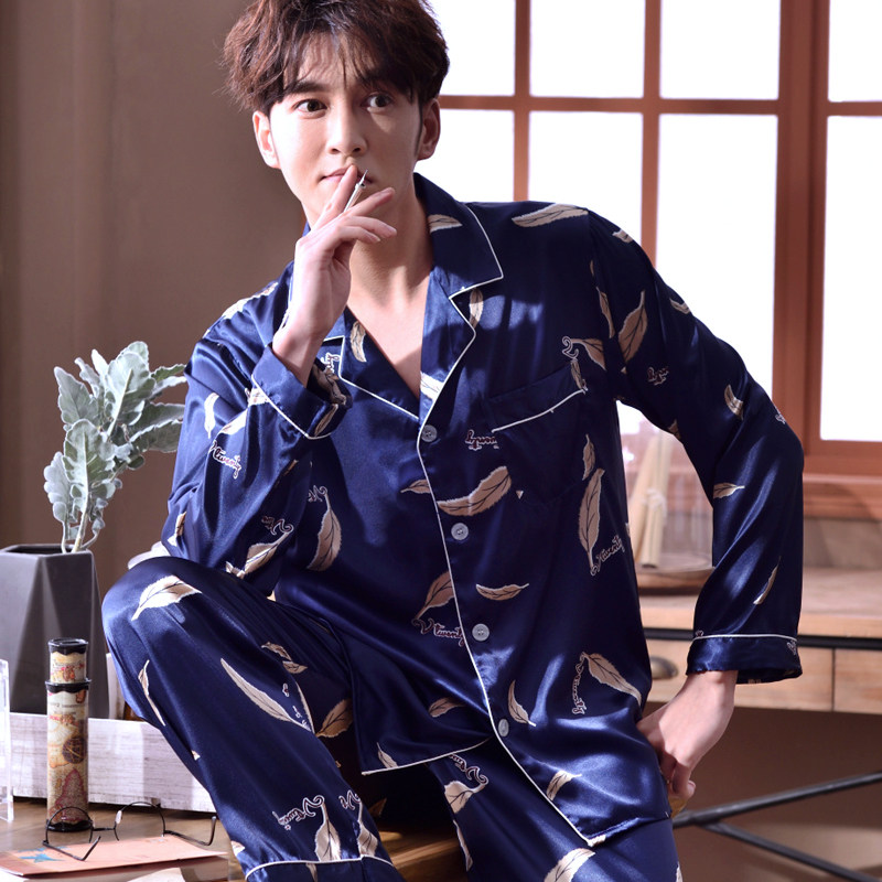 睡衣男夏季大码长袖丝绸套装男士新品冰丝长裤薄款韩版男生家居服