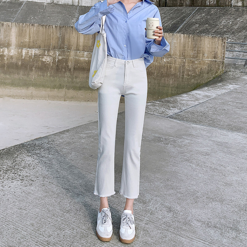 白色直筒牛仔裤女夏季薄款韩版八分小个子高腰九分百搭显瘦裤子潮