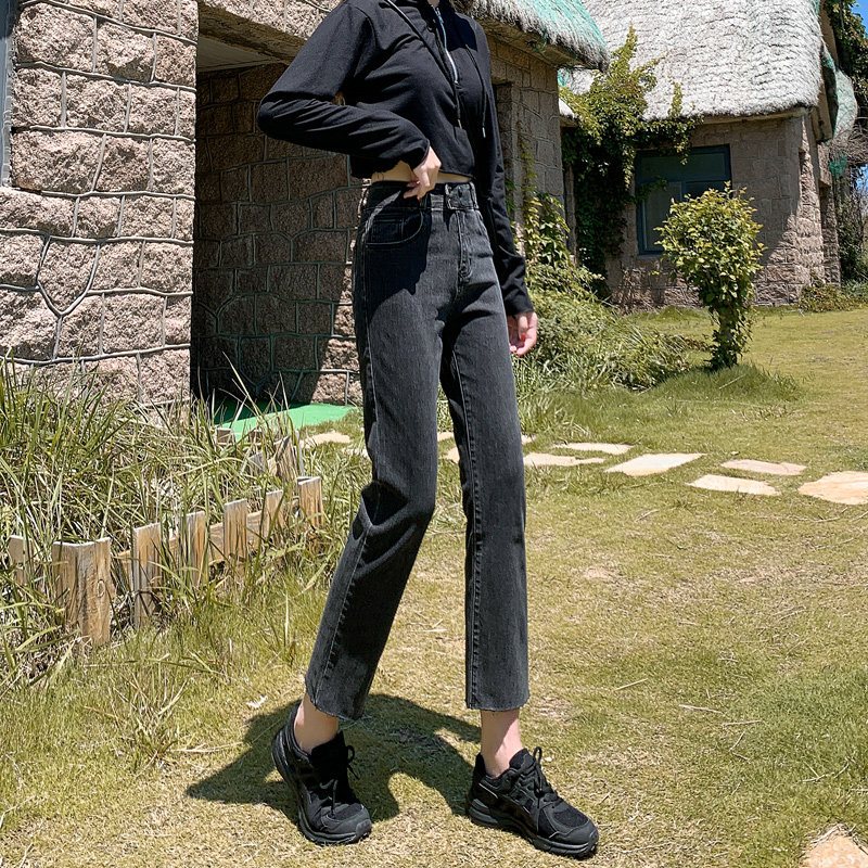 灰色牛仔裤女直筒宽松九分百搭高腰显瘦秋季新款小个子八分阔腿裤
