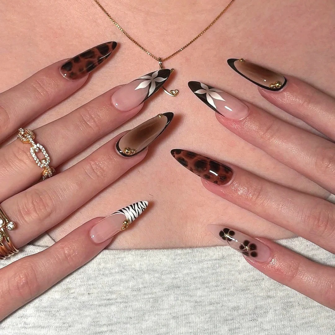 纯手工穿戴甲甜酷辣妹豹纹显白美拉德爆闪猫眼法式高级感美甲贴片