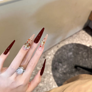 【微醺甜酒】手工穿戴甲秋冬红棕高级氛围感金箔闪钻显白美甲长款