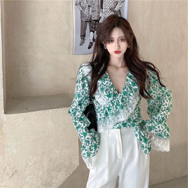 기질 브이넥 넥타이 얇은 시폰 슬리밍 2024 신작 가을 다용도 감년 스플리싱 레이스 ??슬리밍 기질
