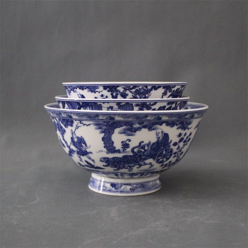 景德镇仿古瓷器乾隆青花鬼谷子下山图碗家居装饰摆件做旧收藏复古