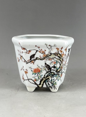 景德镇陶瓷器粉彩花盆喜上眉梢六方花盆花鸟图盆家居装饰摆件