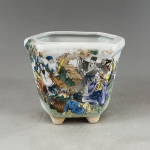 景德镇陶瓷器粉彩八仙乐图六方花盆人物风景图花盆家居装饰摆件